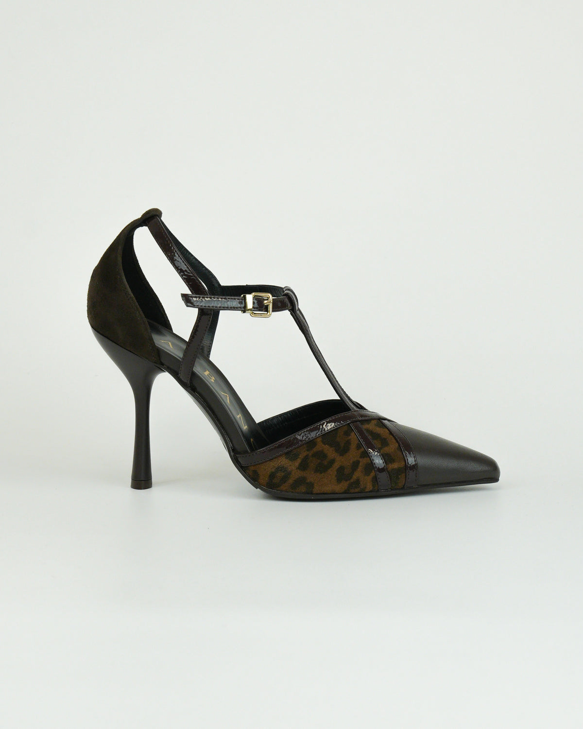 Décolleté in pelle e camoscio leopardato con cinturino a "t"