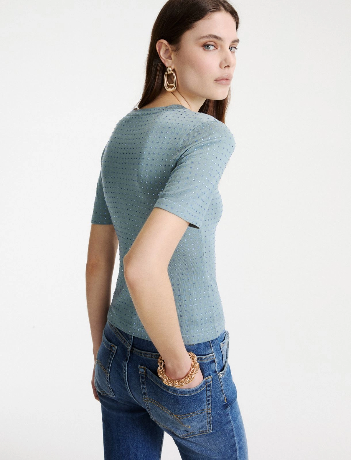 T-shirt in maglia con cristalli Mllpacche
