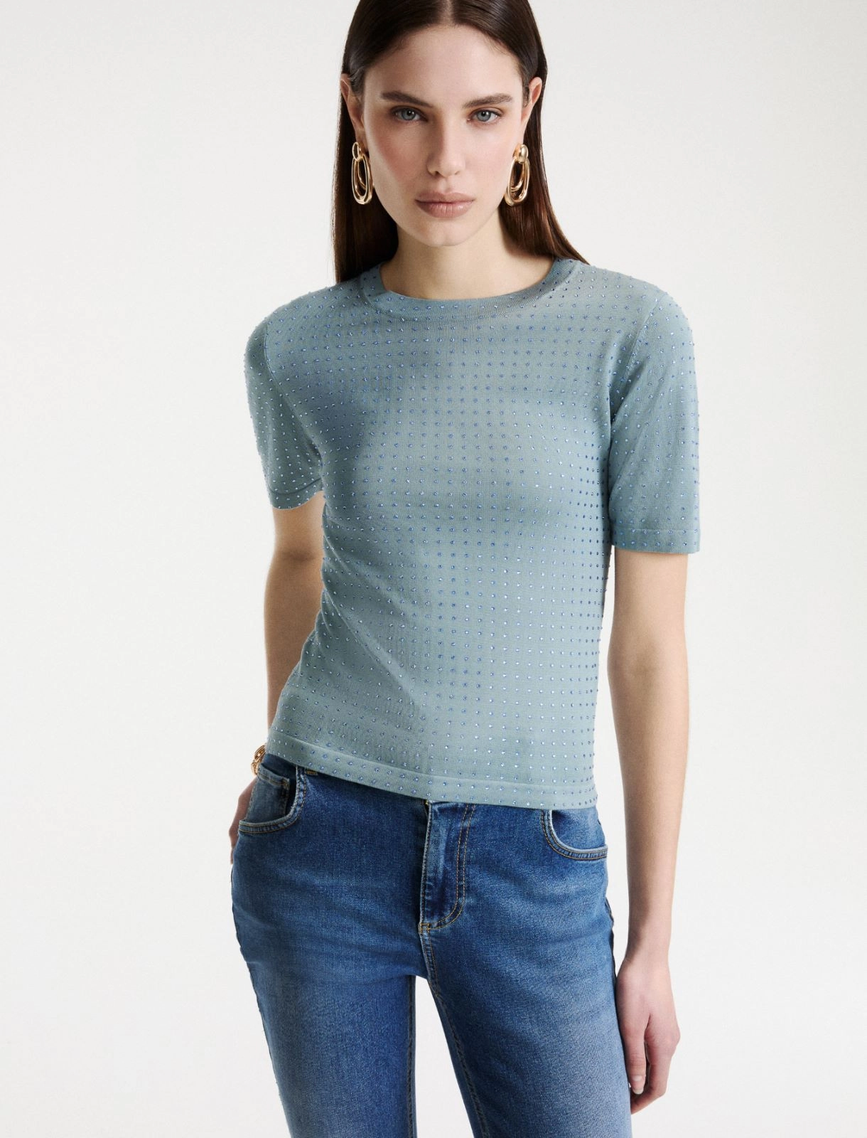 T-shirt in maglia con cristalli Mllpacche