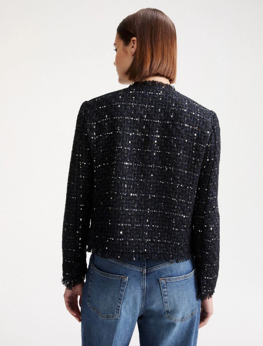 Giacca in stuoia con paillettes e frange Mllricamo