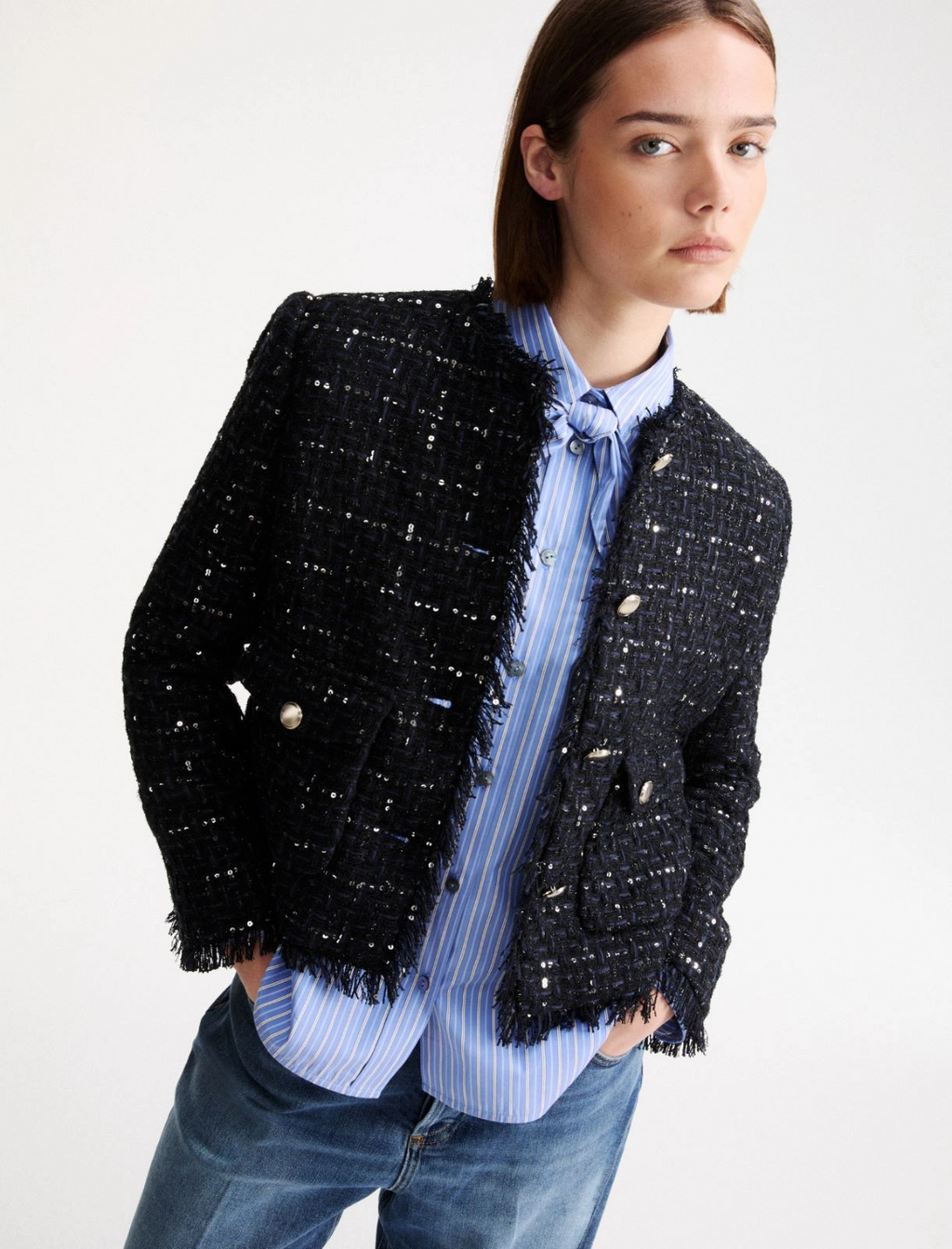 Giacca in stuoia con paillettes e frange Mllricamo