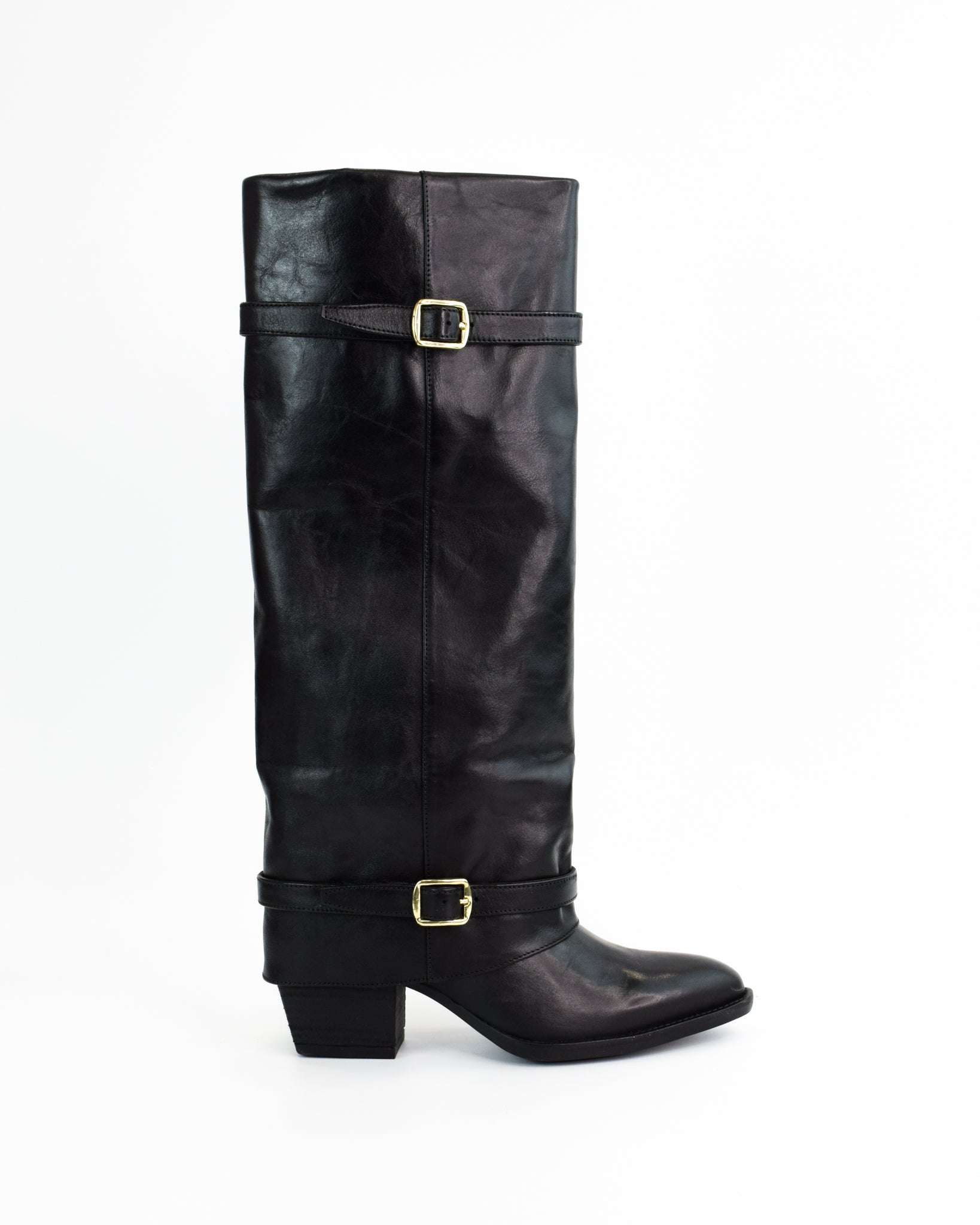 Stivale in pelle con risvolto e fibbie