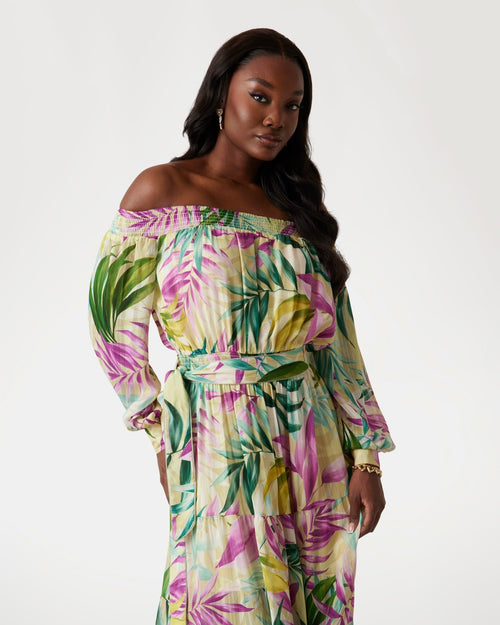 Abito lungo off-shoulder stampa fiori