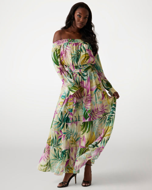 Abito lungo off-shoulder stampa fiori