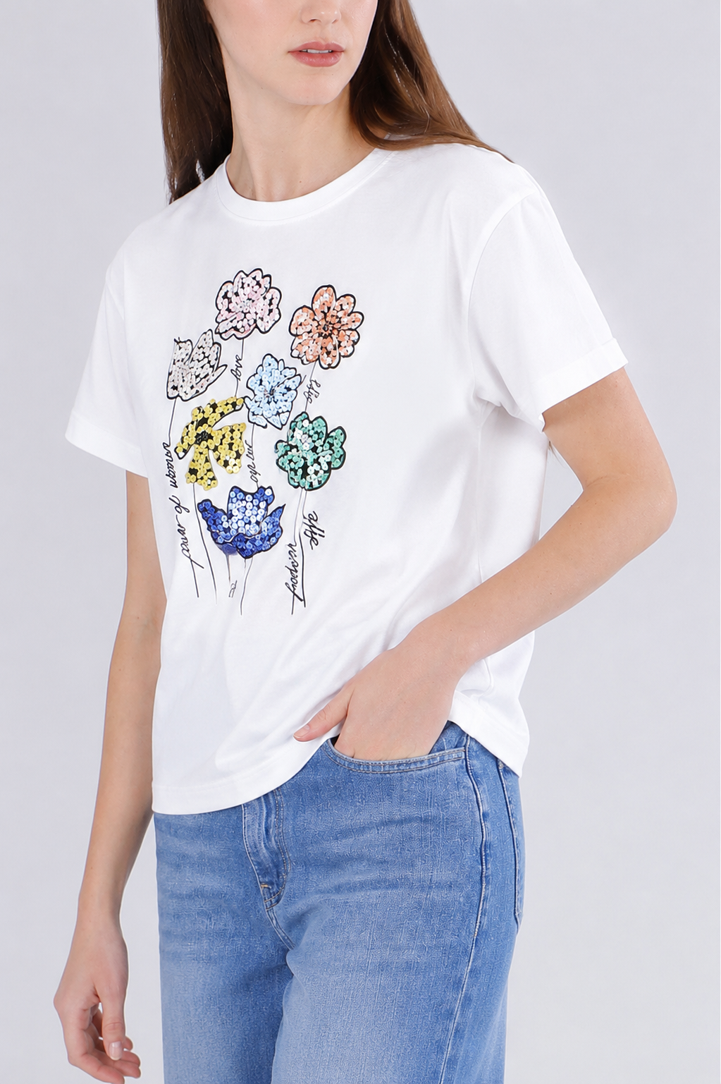 T-shirt con fiori di pailettes