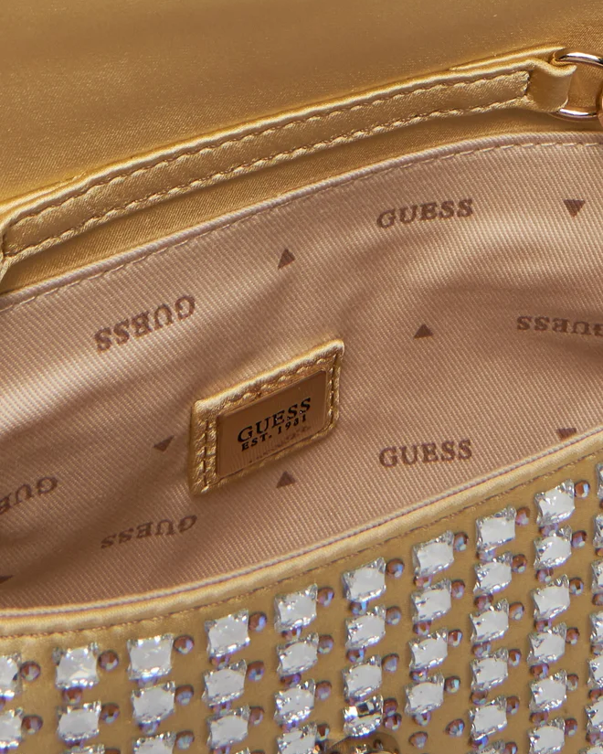 Borsetta trapuntata con strass e catena