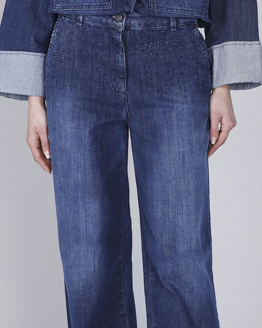 Jeans denim wide leg con strass davanti