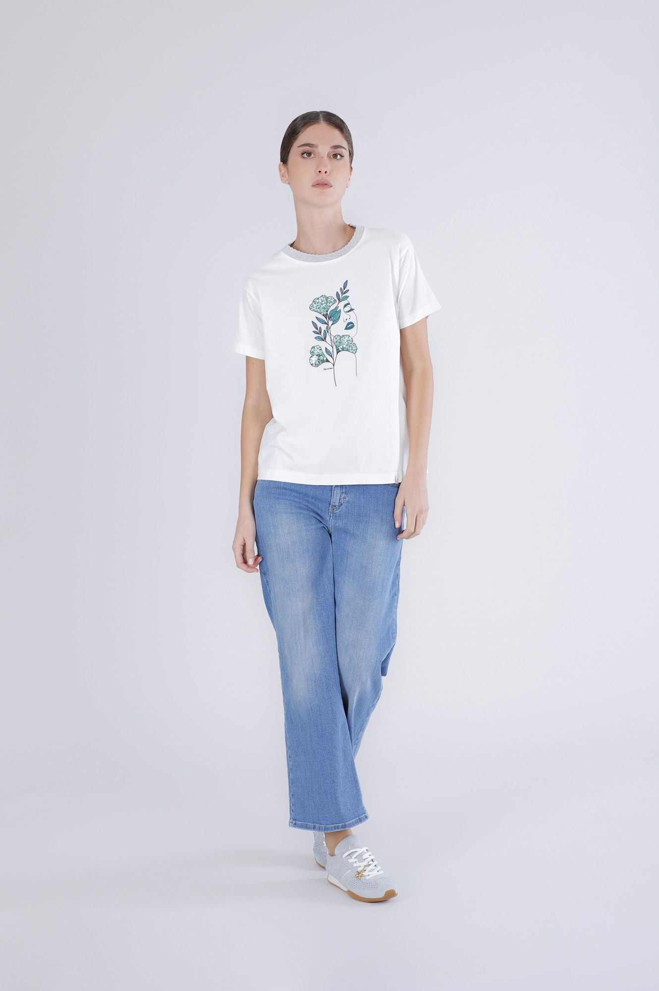 T-Shirt stampa donna con costina lurex allo scollo