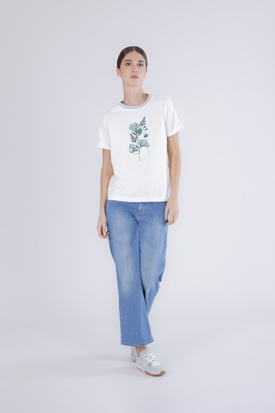 T-Shirt stampa donna con costina lurex allo scollo