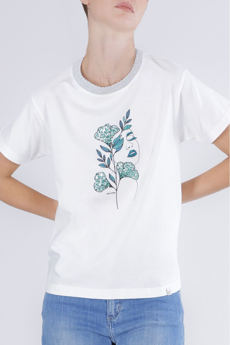 T-Shirt stampa donna con costina lurex allo scollo