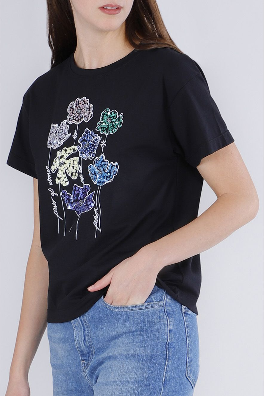 T-shirt con fiori di pailettes