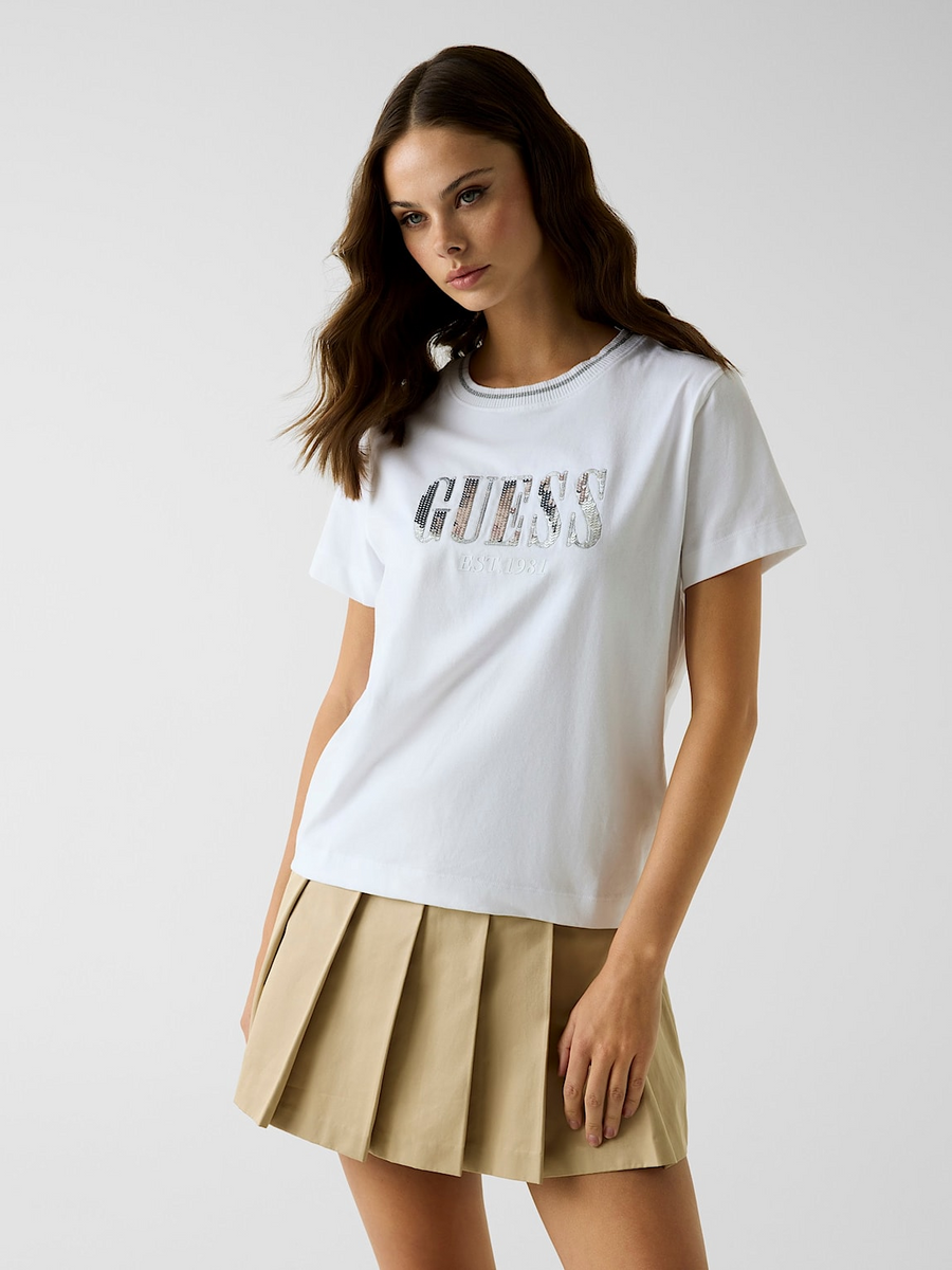 T-shirt con logo di paillettes